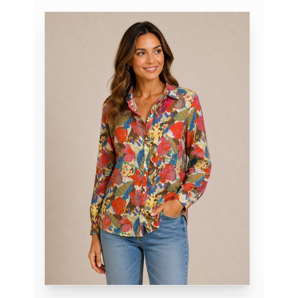 J. McLaughlin Shirt Womens Small Multicolor Floral Linen Button Front Top Blouse